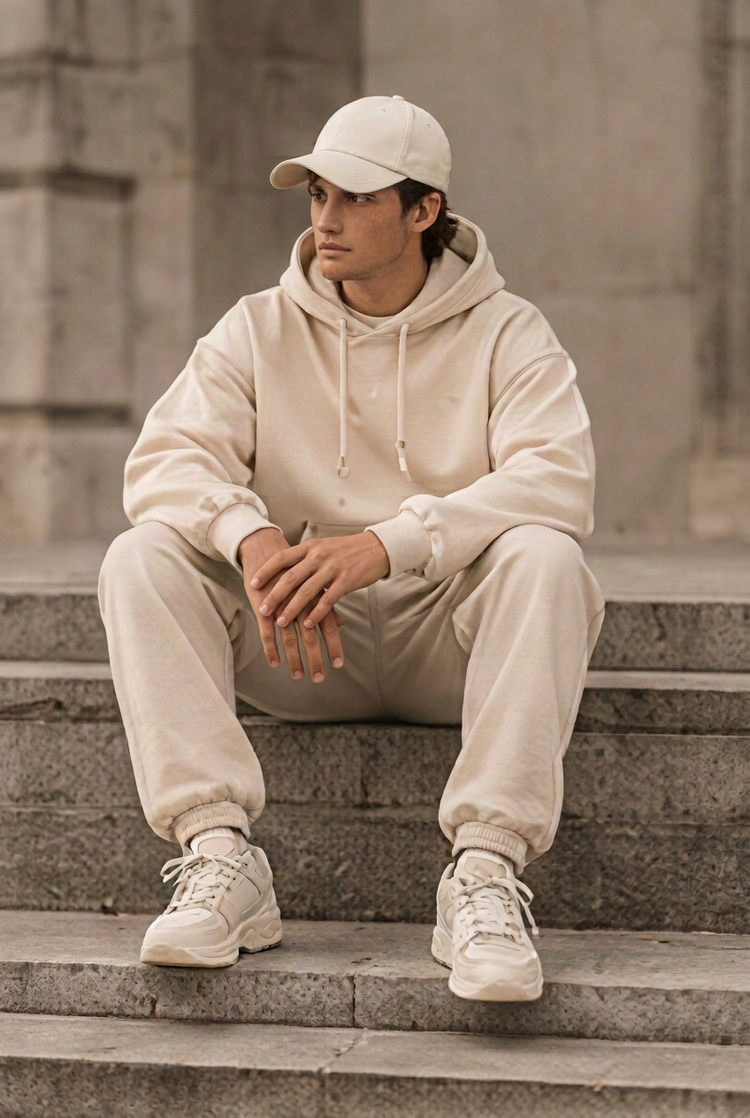 Herick & Belle Sporty Minimal look 07, seated model in ivory tracksuit