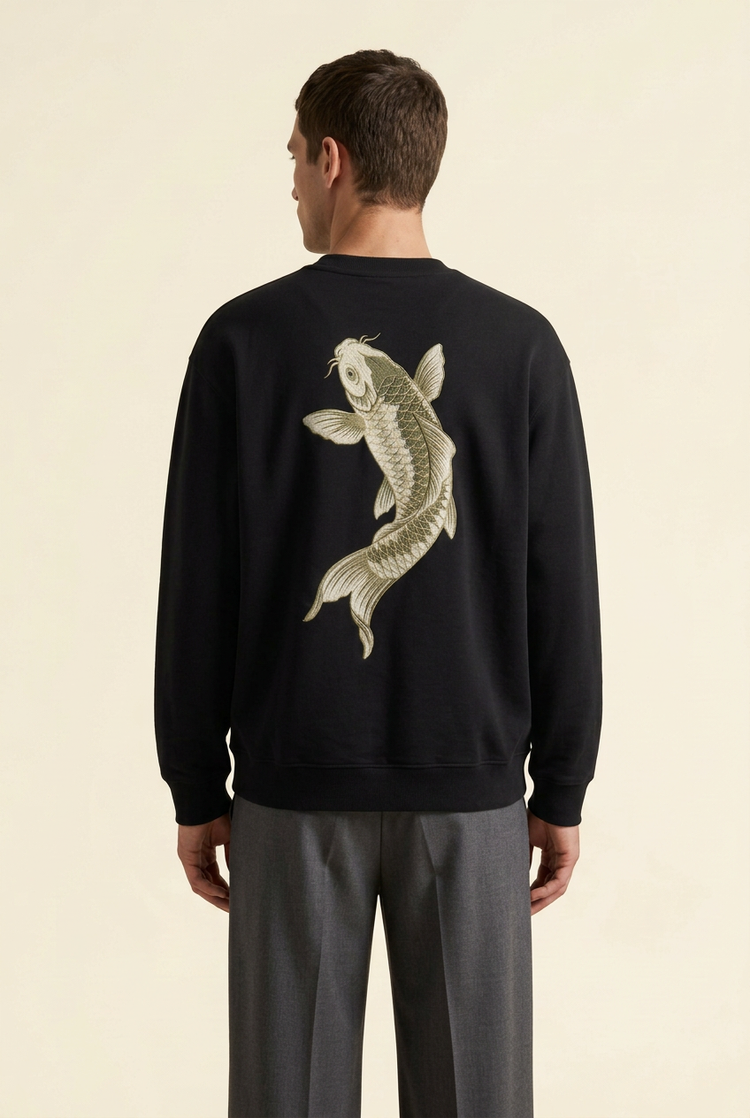 AI design preview of SANSEN Koi black crewneck worn by a male model, back view