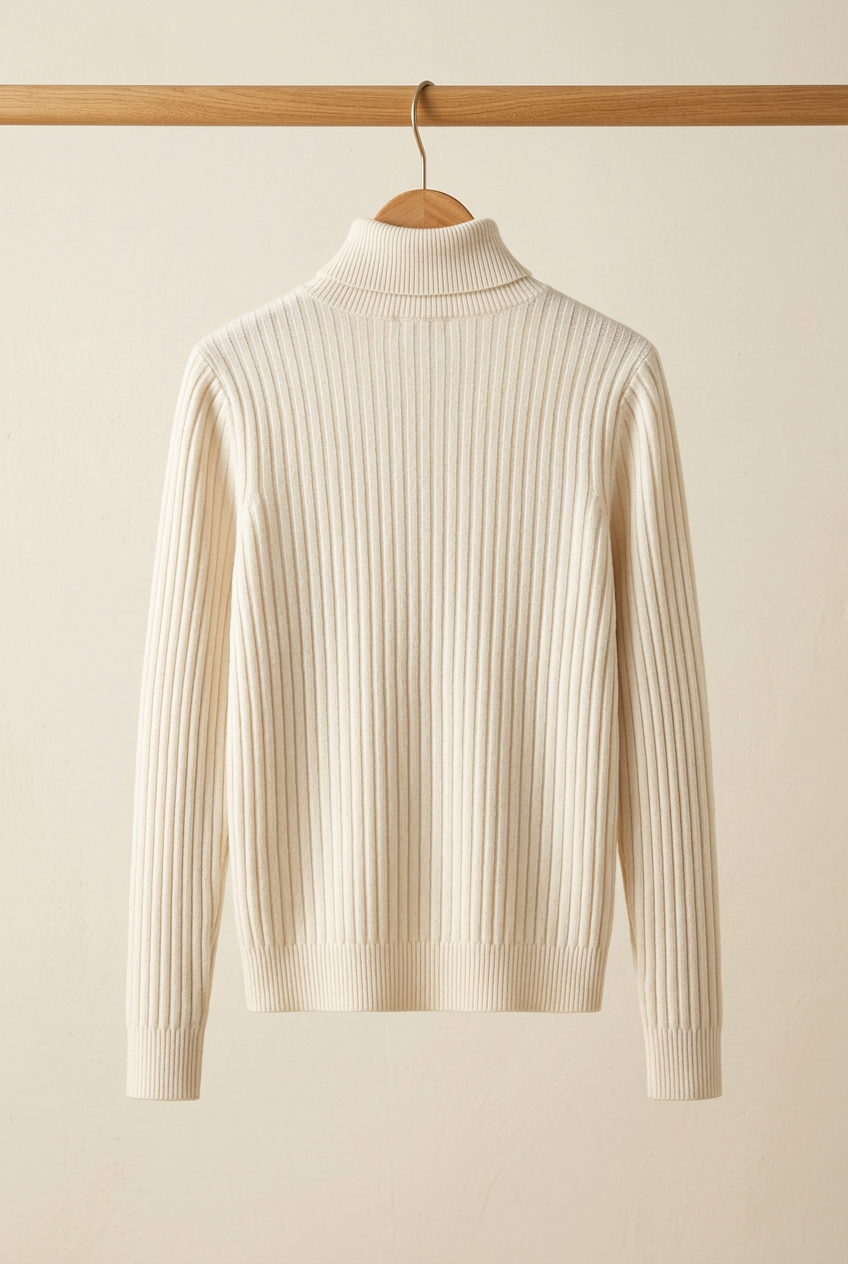 Layering Style ivory ribbed turtleneck, back