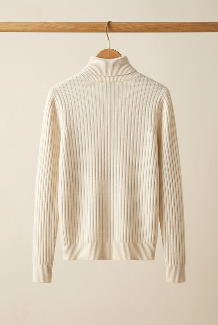 Layering Style ivory ribbed turtleneck, back