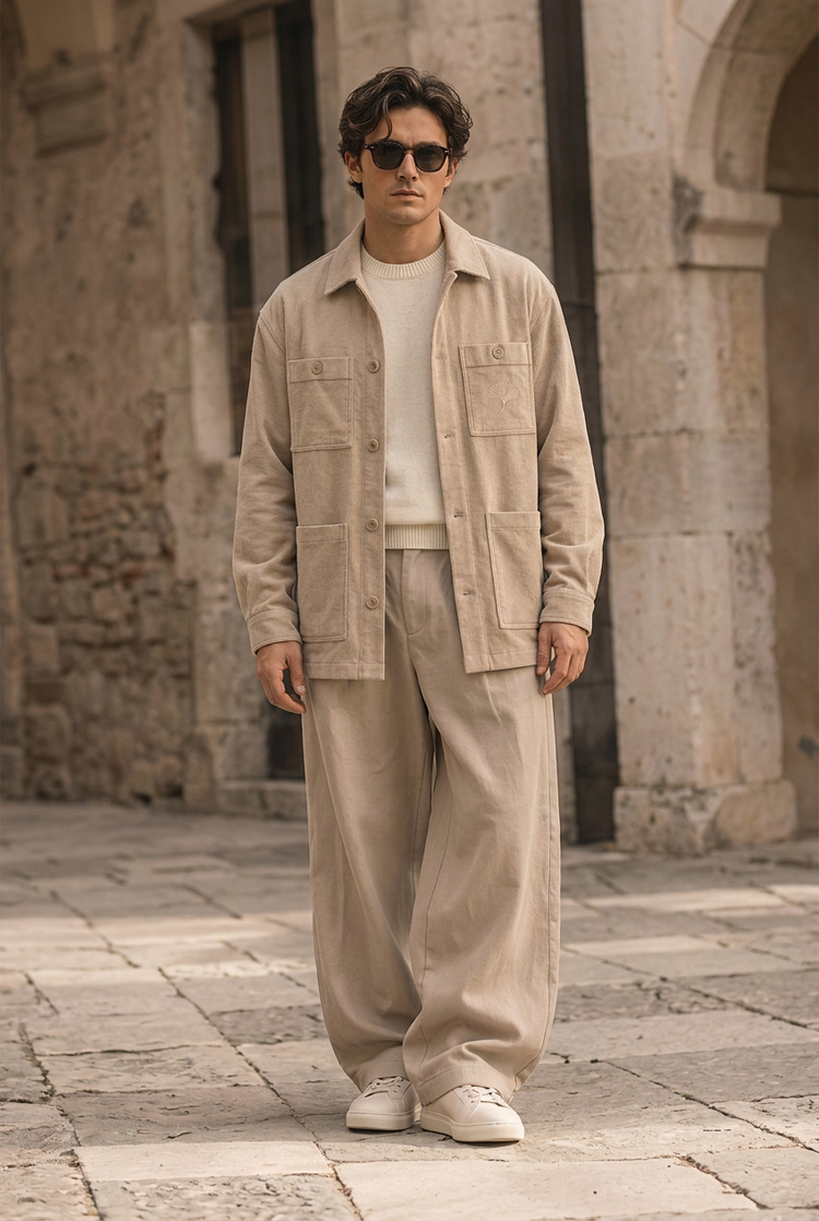 Herick & Belle City Explorer sand ginkgo jacket worn by a male model in a stone courtyard