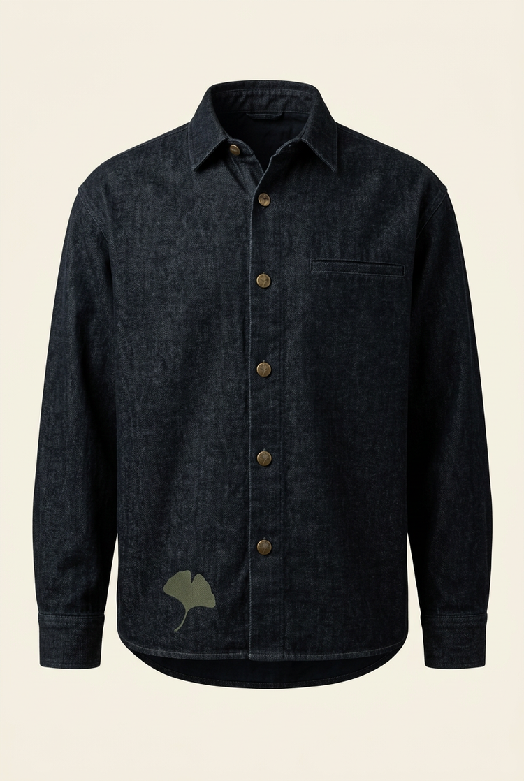 Navy jacket front with muted olive ginkgo on the wearer's right side
