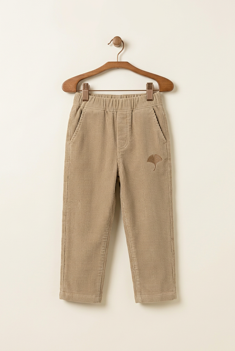 Casual Nature junior corduroy trousers in khaki sand, front on hanger
