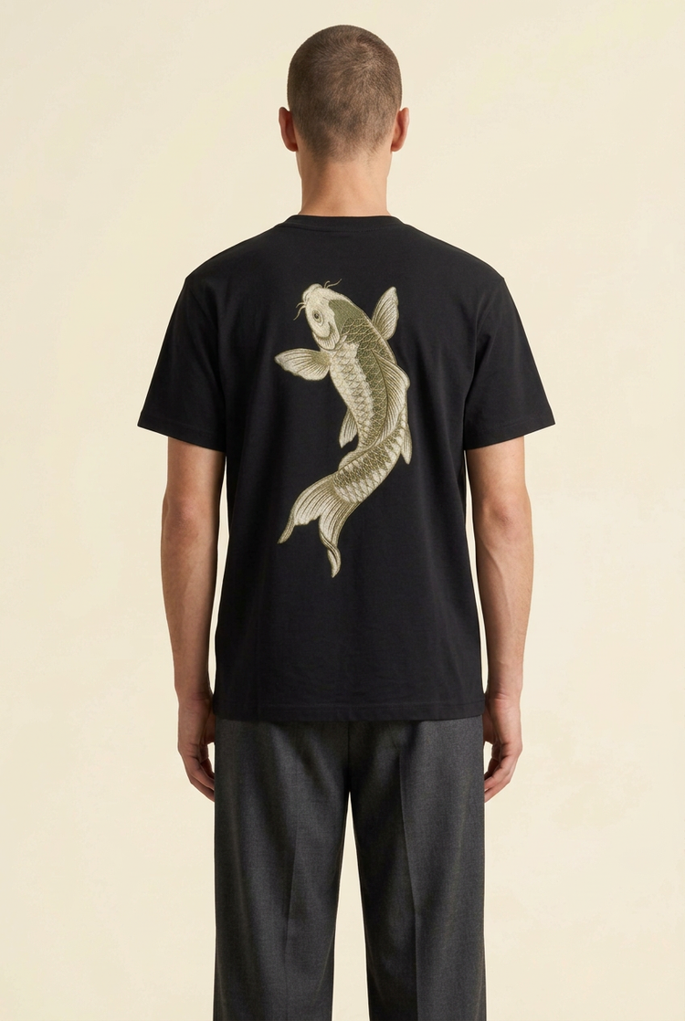 AI design preview of SANSEN Koi black T-shirt worn by a male model, back view