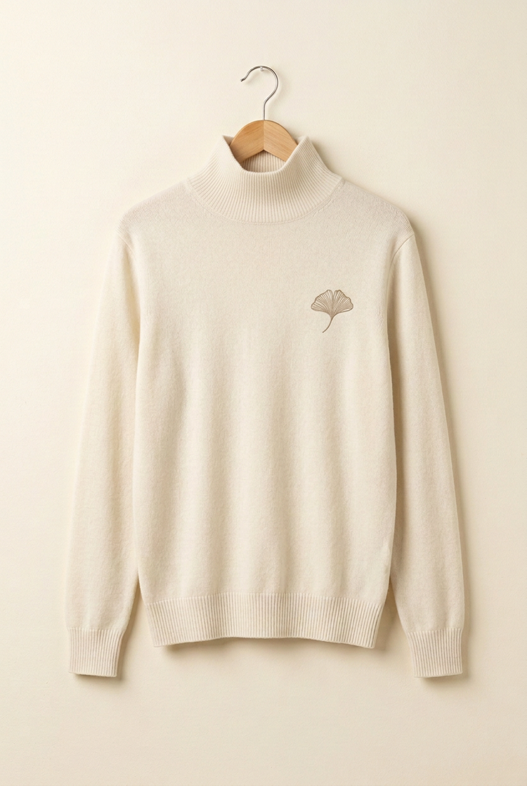 Minimal Luxury ivory fine high-neck ginkgo knit on hanger, front