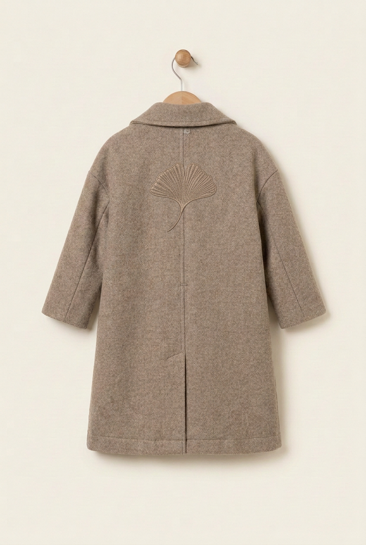 Layering Style junior wool coat, back with ginkgo embroidered at centre back