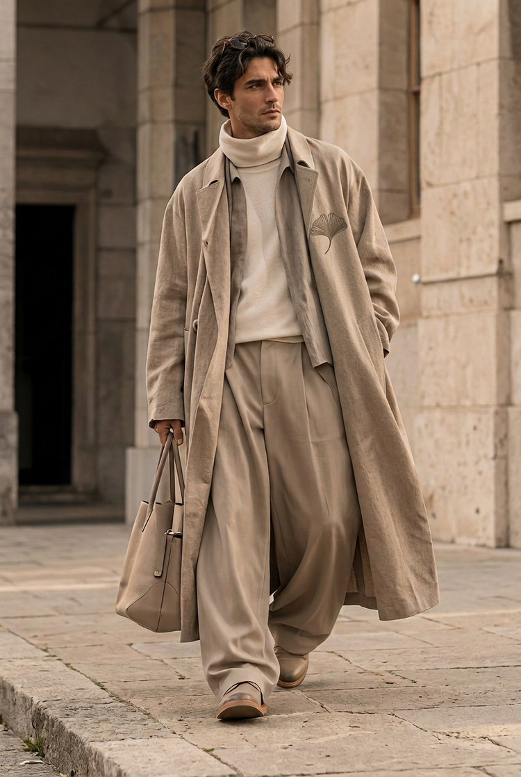 Herick & Belle Layering Style long overcoat worn by male model