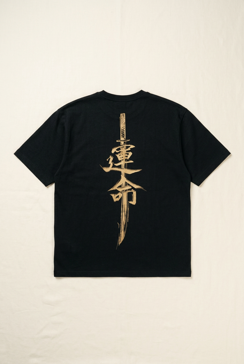 SANSEN black Katana tee, back with gold katana and 運命 print