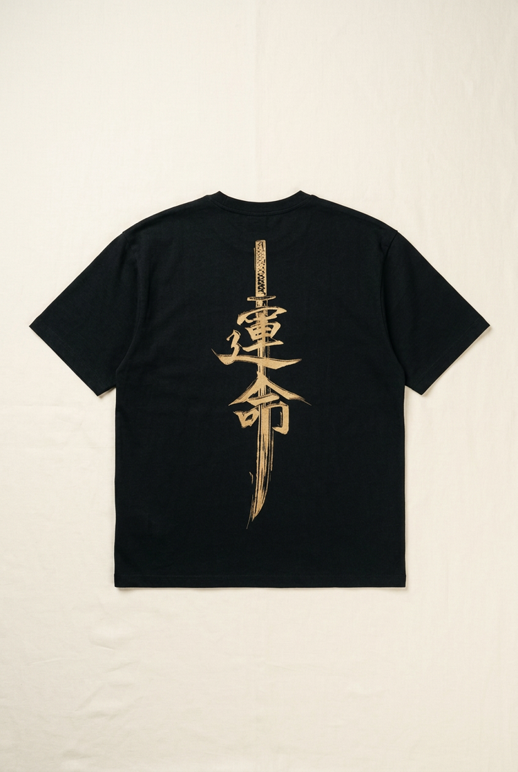 SANSEN black Katana tee, back with gold katana and 運命 print