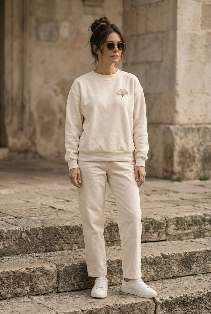 Model wearing the Casual Nature ivory oversized sweatshirt