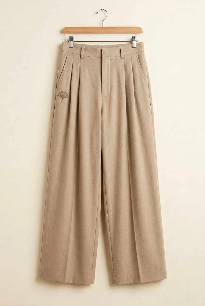 Herick & Belle Layering Style sand trousers, front with ginkgo on wearer's right leg