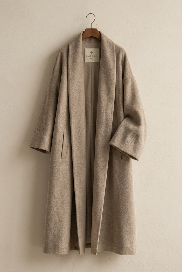Herick & Belle women's wool coat on hanger with interior label