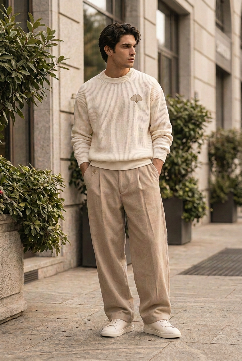 Herick & Belle Essentials sand ginkgo trousers worn by male model
