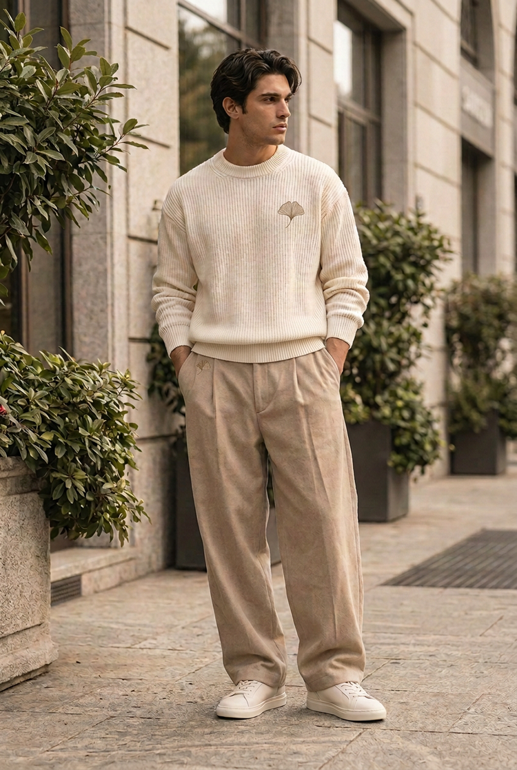 Herick & Belle Essentials sand ginkgo trousers worn by male model