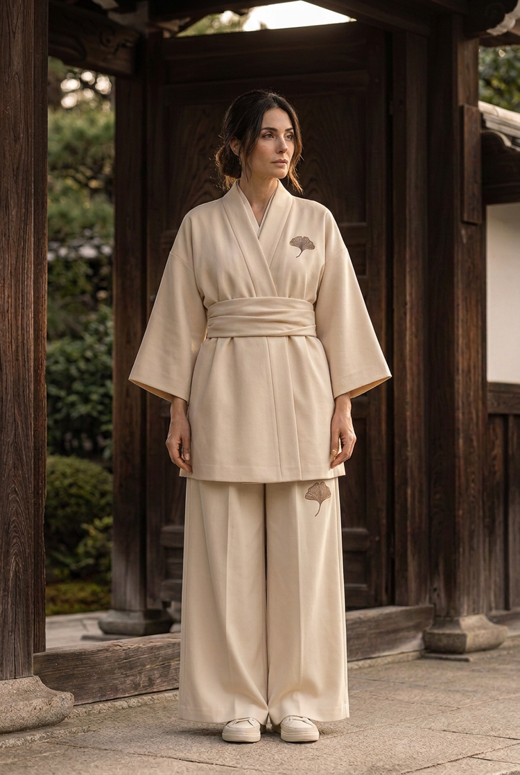 Model wearing the Japanese Heritage kimono jacket and matching palazzo trousers