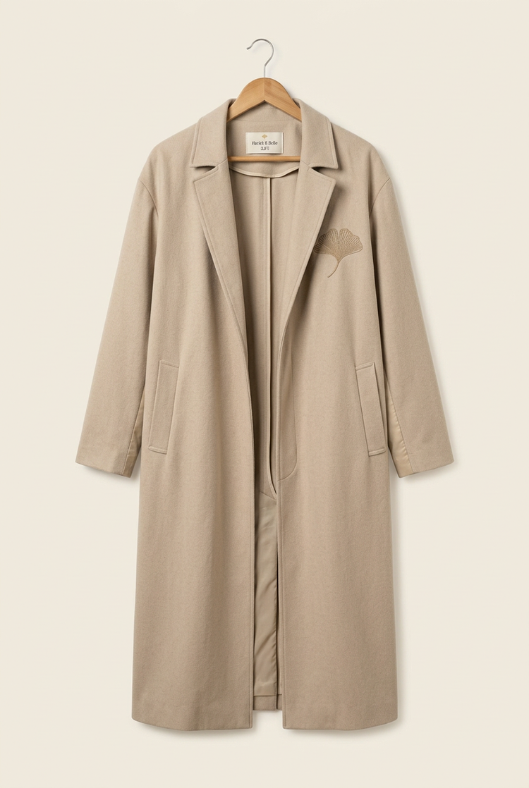 Herick & Belle Layering Style sand overcoat, revised front based on worn reference