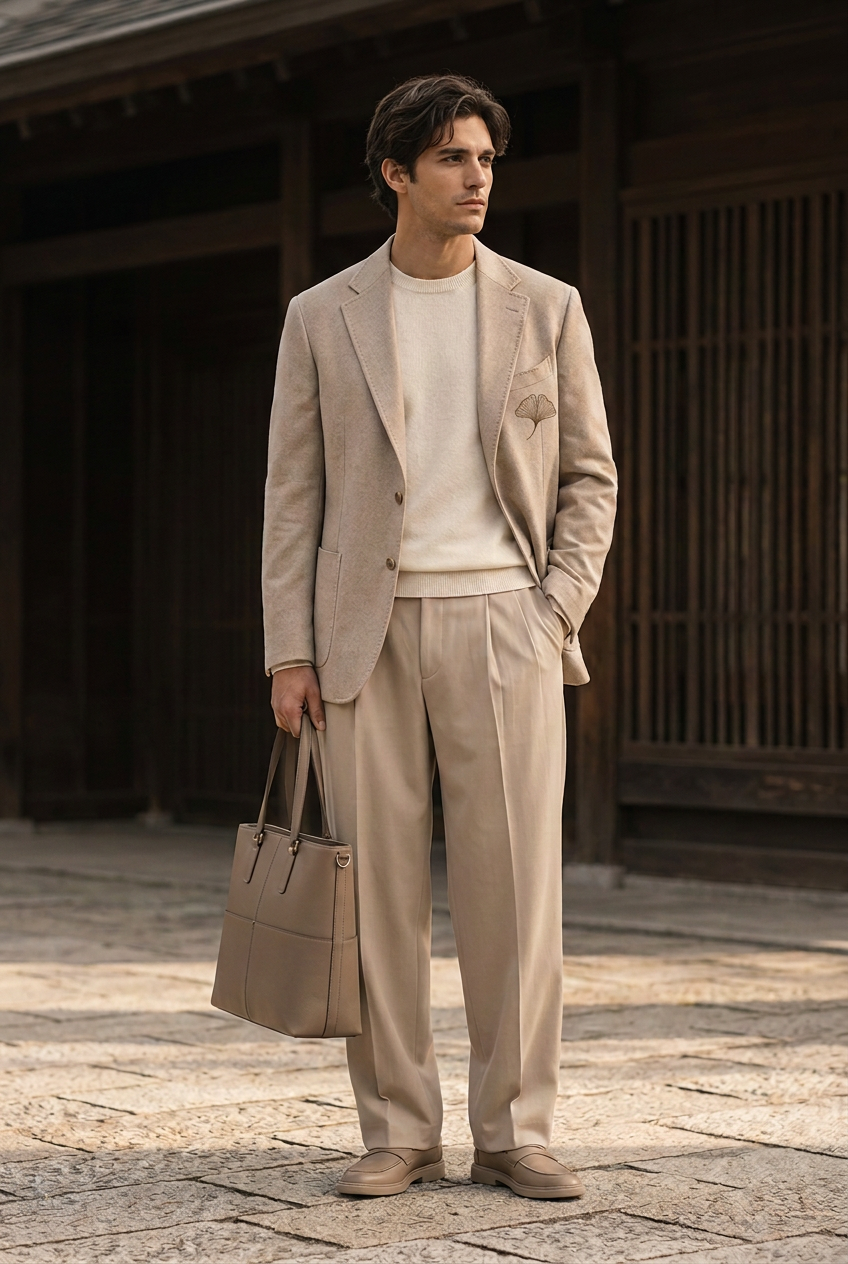 Herick & Belle Minimal Luxury sand ginkgo blazer worn by male model
