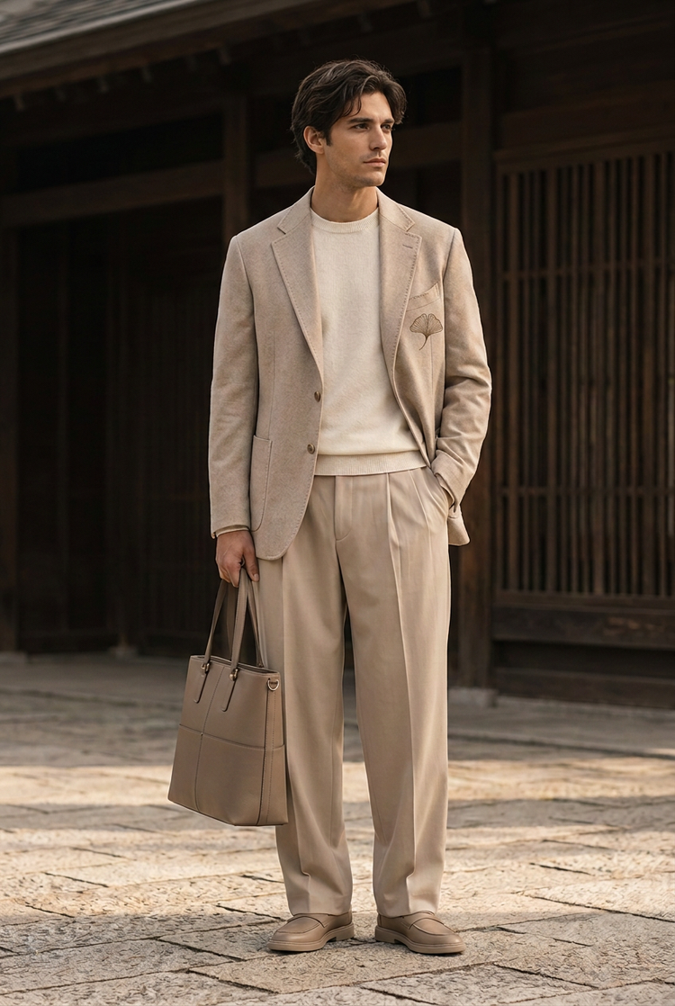 Herick & Belle Minimal Luxury sand ginkgo blazer worn by male model