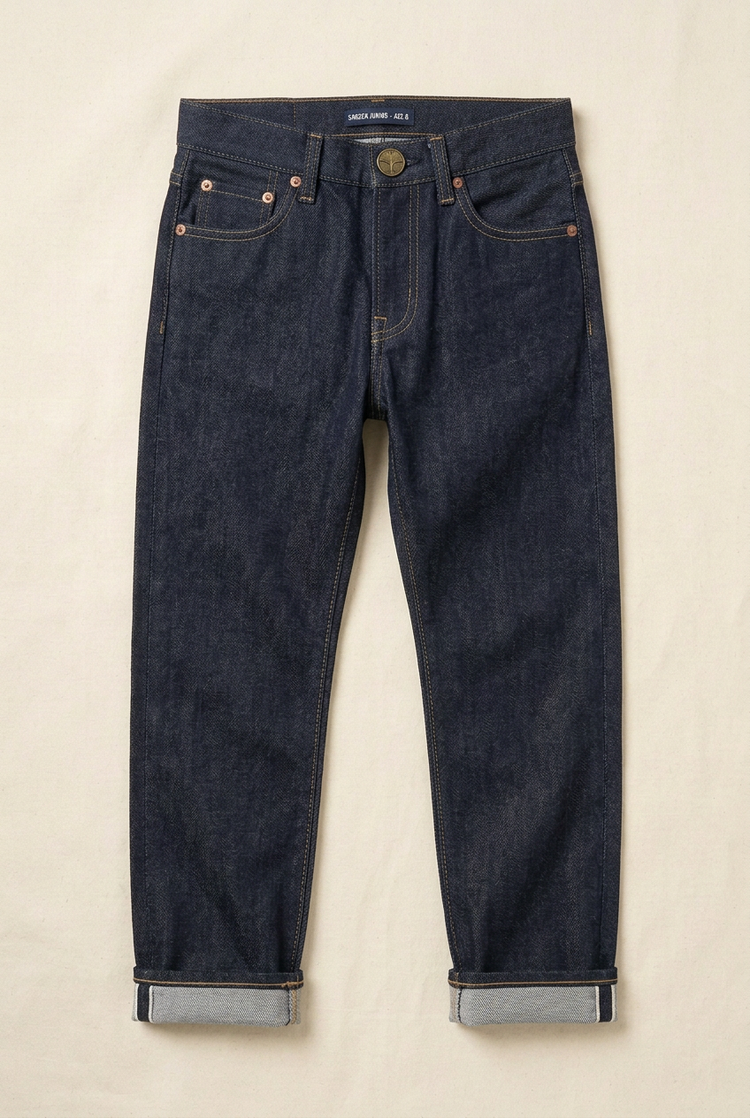 Design preview: SANSEN JUNIOR indigo jeans front with ginkgo button
