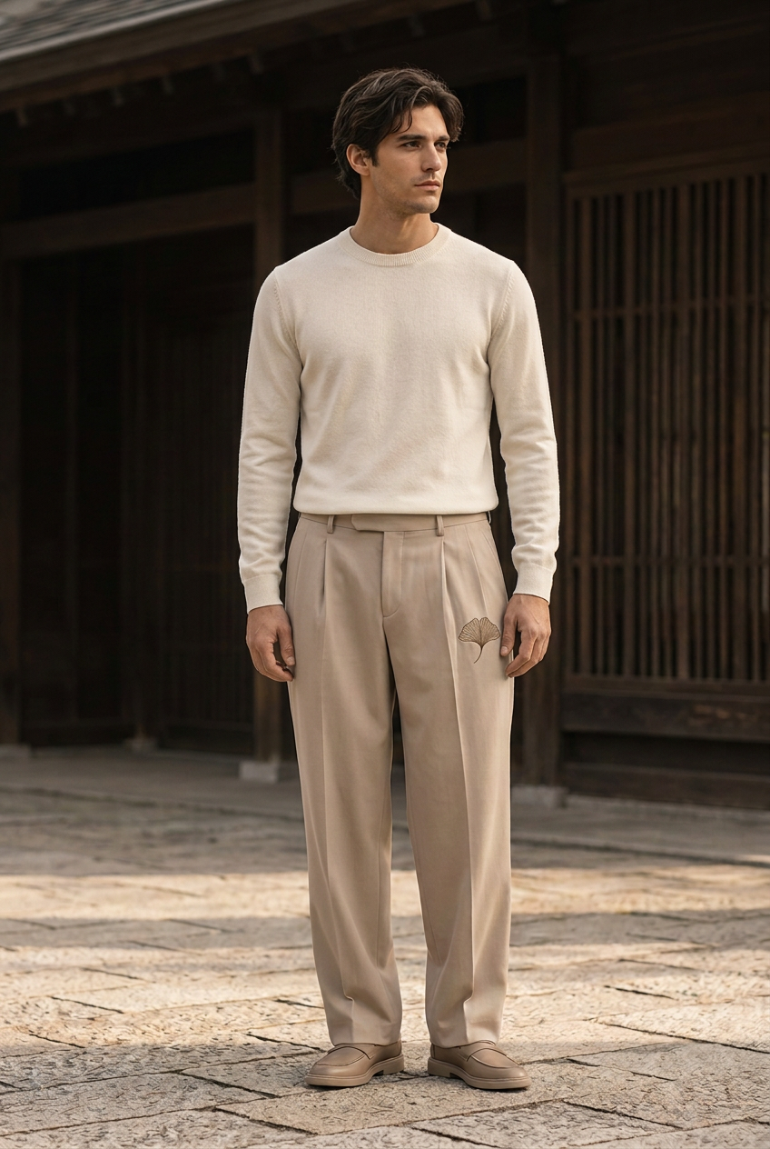 Herick & Belle Minimal Luxury sand ginkgo pleated trousers worn by male model