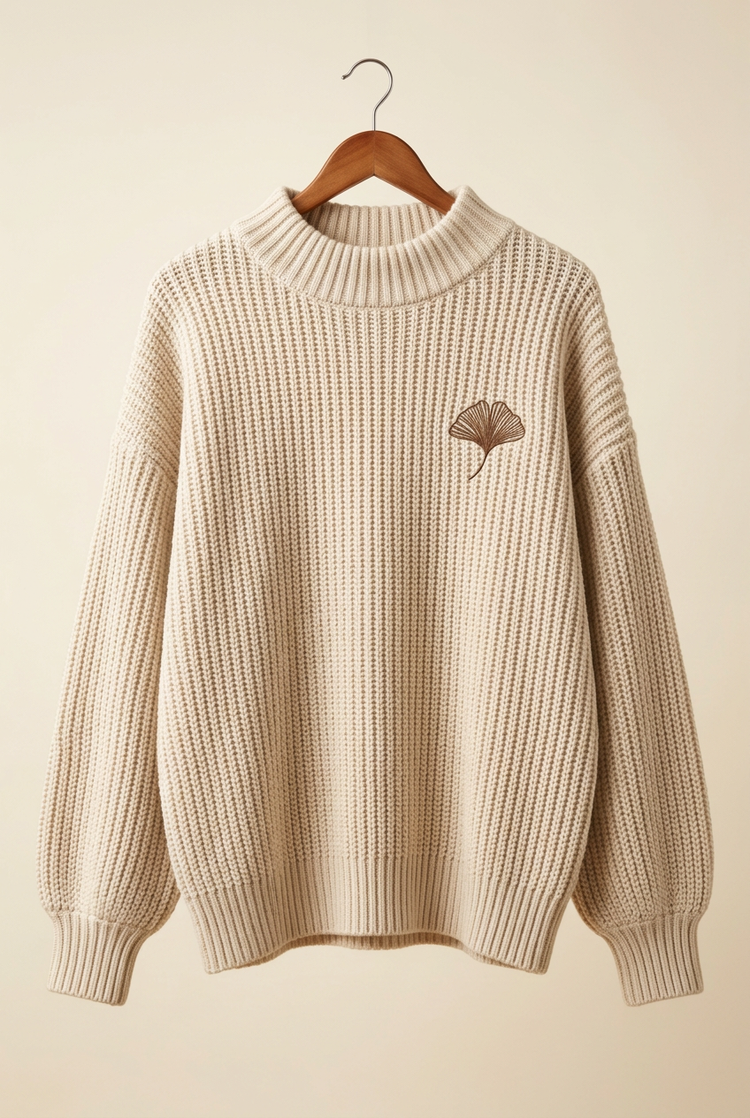 Soft Essentials oatmeal chunky rib sweater on hanger, front