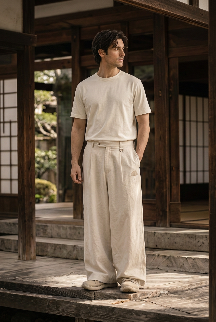 Herick & Belle Japanese Heritage ivory wide trousers worn by male model