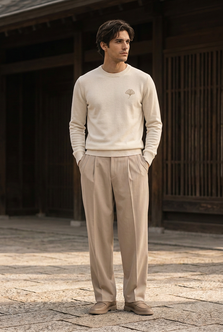 Herick & Belle Minimal Luxury ivory ginkgo crewneck knit worn by male model