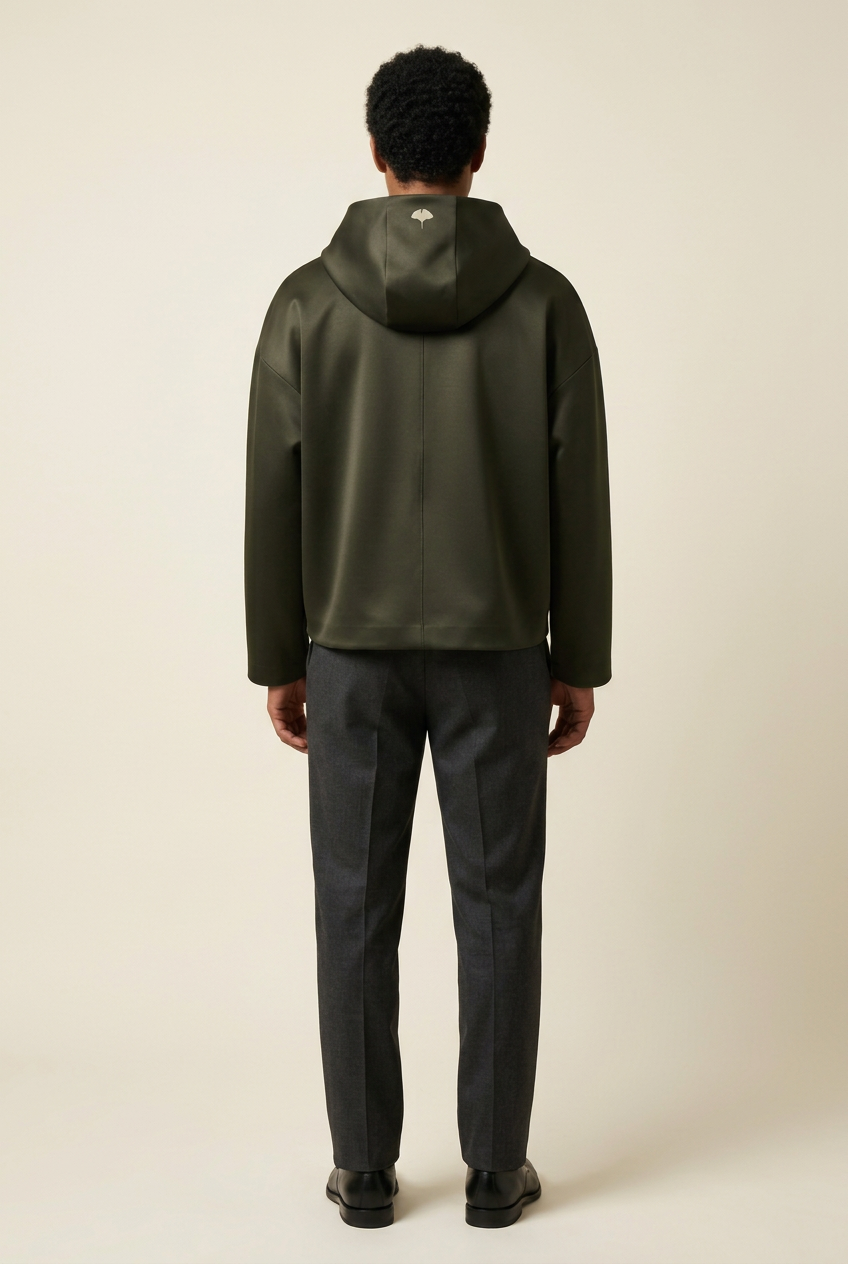 SANSEN forest-green haori-inspired hooded jacket concept on model, rear view