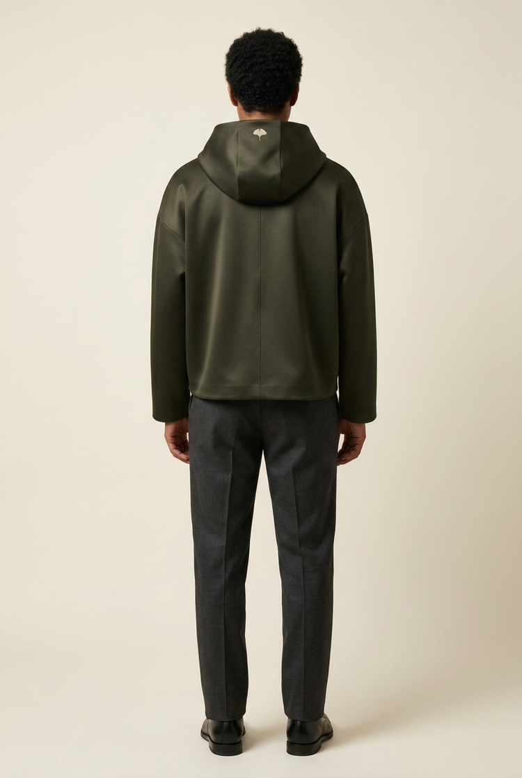 SANSEN forest-green haori-inspired hooded jacket concept on model, rear view