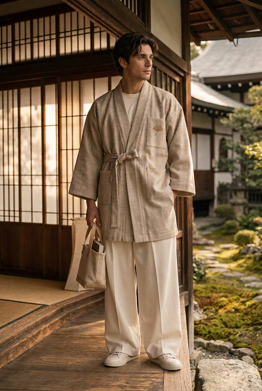 Model wearing the Japanese Heritage look at a Japanese temple