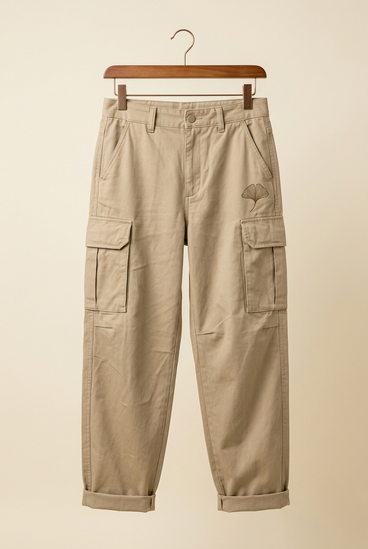 Outdoor Balance khaki sand cargo trousers on hanger, front
