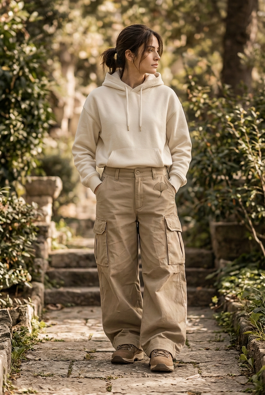 Model wearing the Outdoor Balance khaki sand cargo trousers