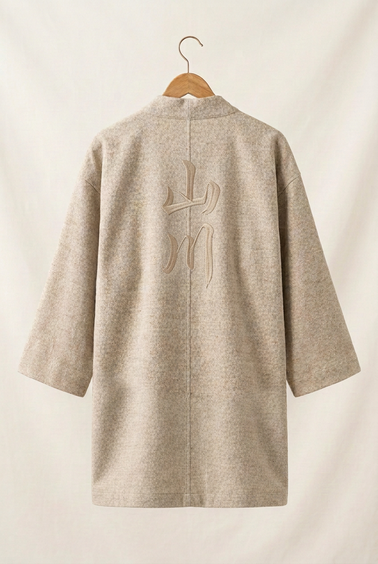 Japanese Heritage long kimono jacket, back with large embroidered 山川 calligraphy