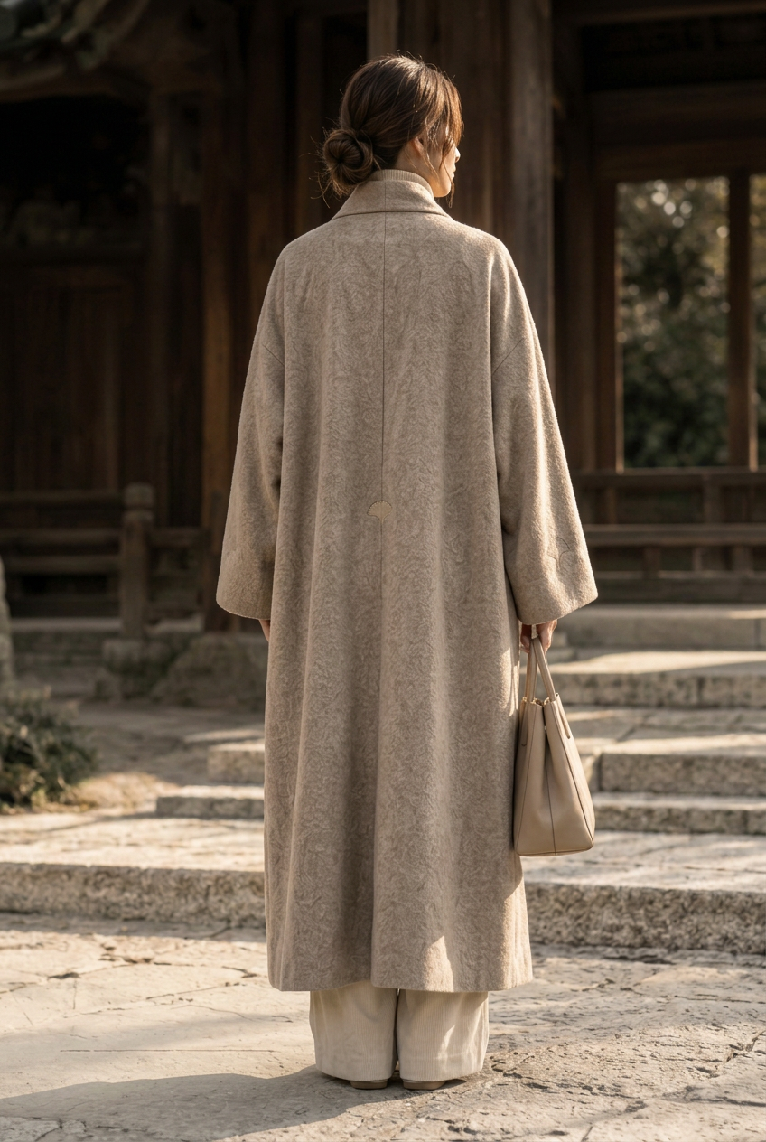 Herick & Belle women's taupe wool coat, back view