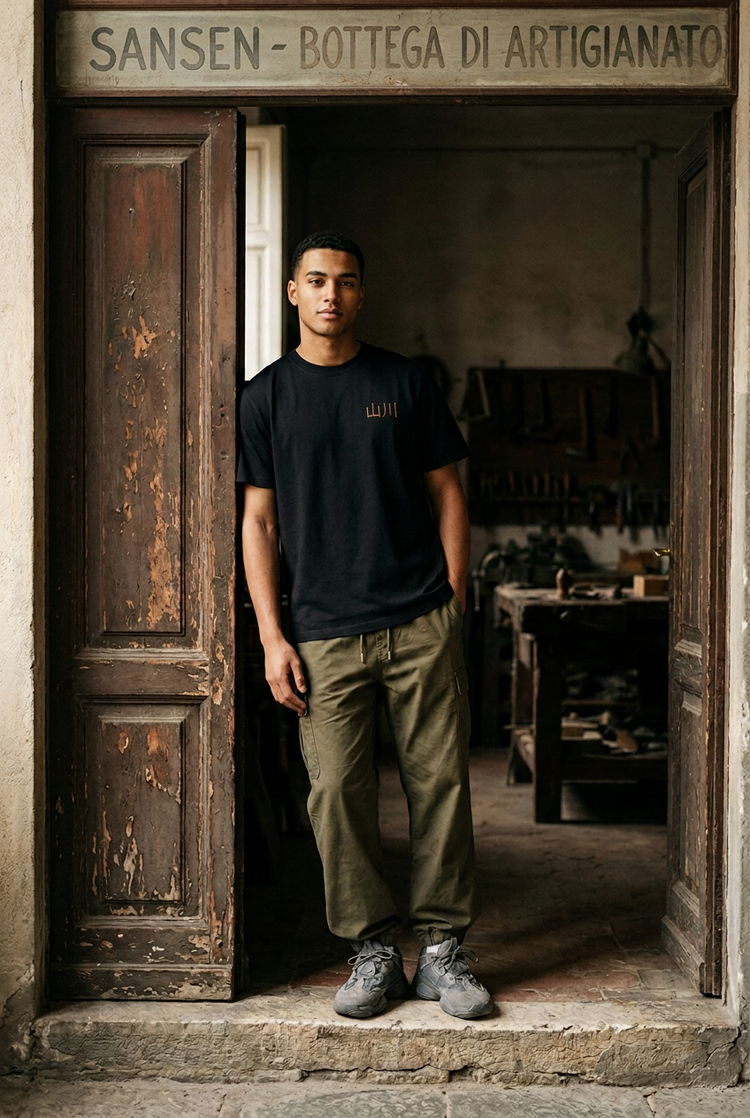 Design preview: model wearing the black Ginkgo Club Tee with copper-coloured Japanese lettering on the left chest. Trousers and accessories not included.