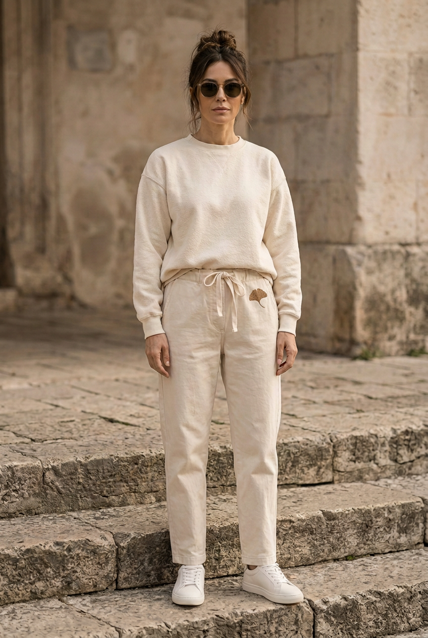 Model wearing the Casual Nature ivory relaxed trousers