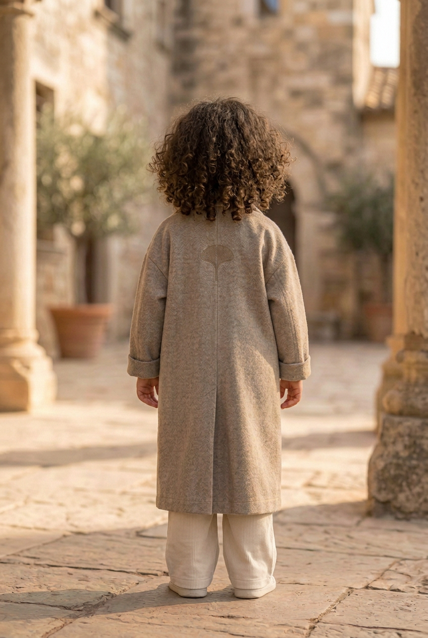 Herick & Belle junior taupe coat, back view on girl with loose curls