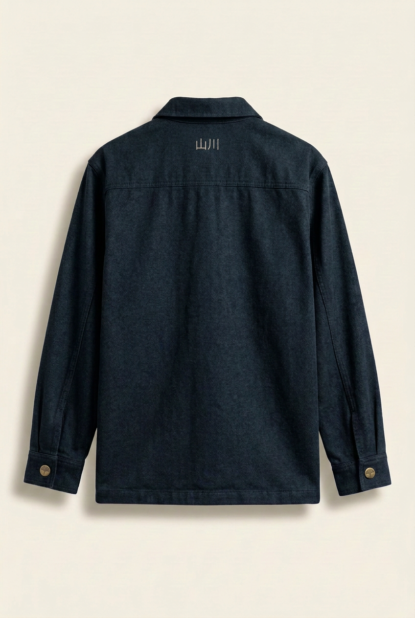 Navy jacket back with small 山川 embroidery below the collar