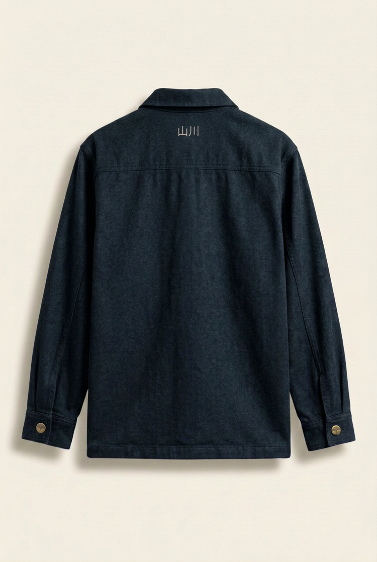 Navy jacket back with small 山川 embroidery below the collar