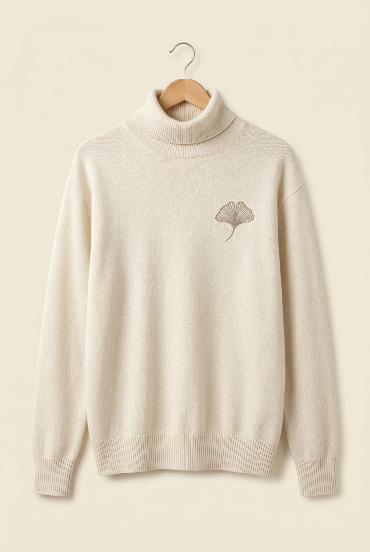 Herick & Belle Layering Style ivory ginkgo turtleneck, front