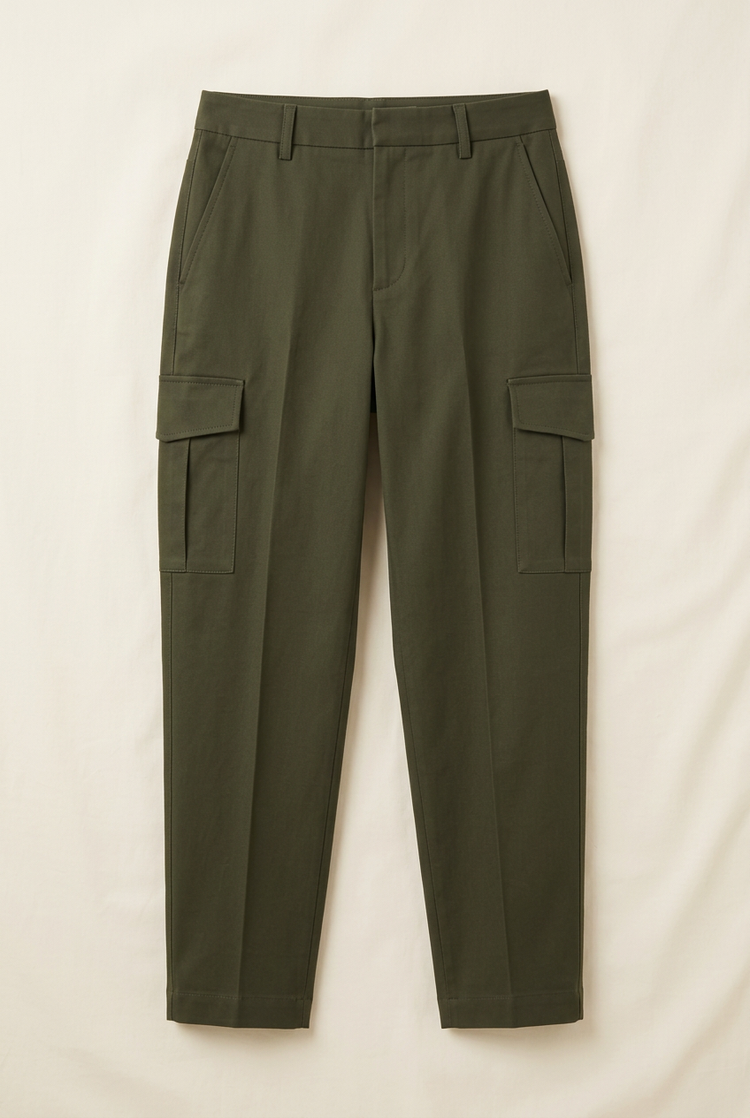 Design preview of SANSEN WOMEN olive cargo trousers, front view
