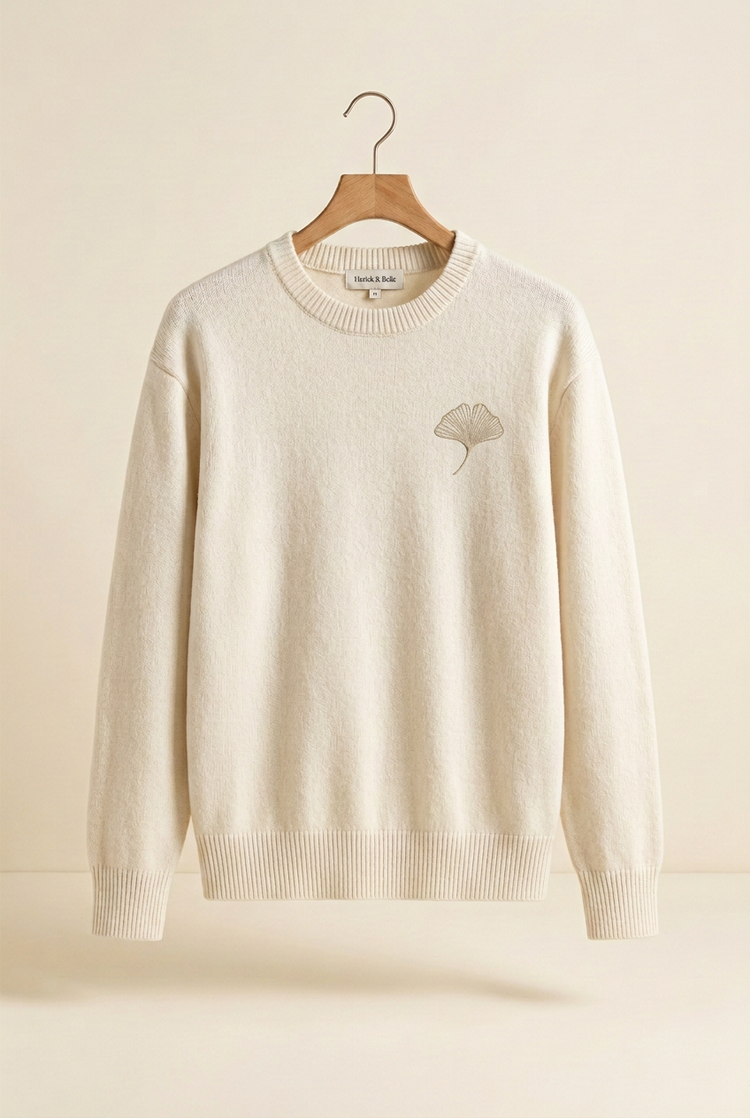 Herick & Belle City Explorer ivory crewneck knit with sand ginkgo embroidery