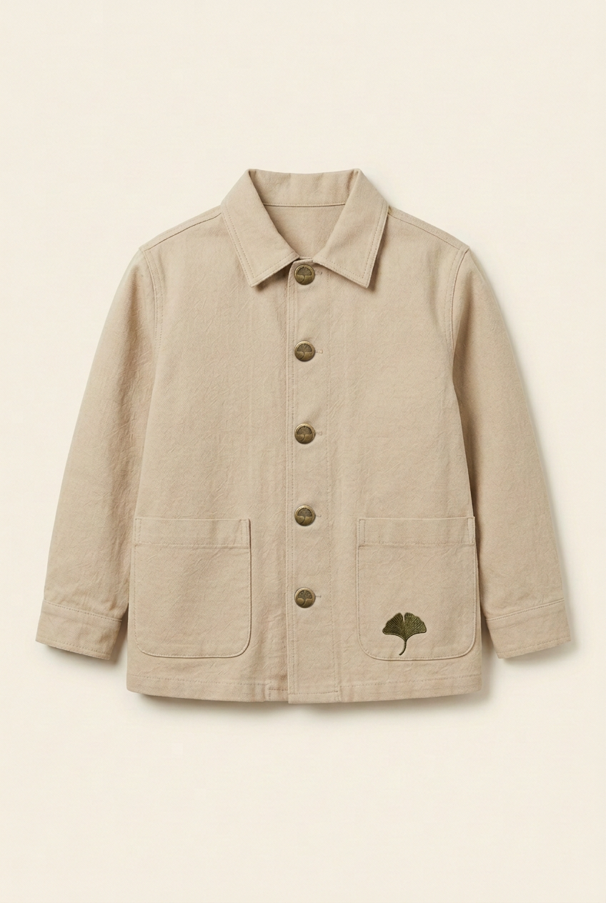 Junior jacket front with custom ginkgo buttons
