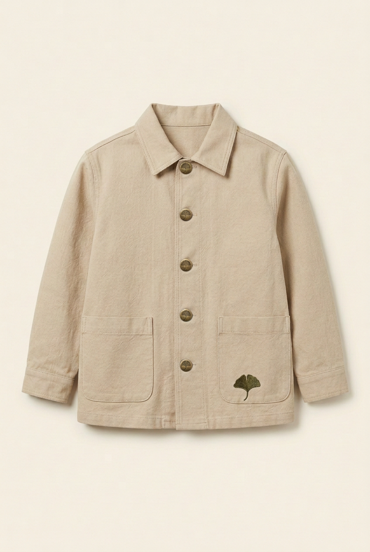 Junior jacket front with custom ginkgo buttons