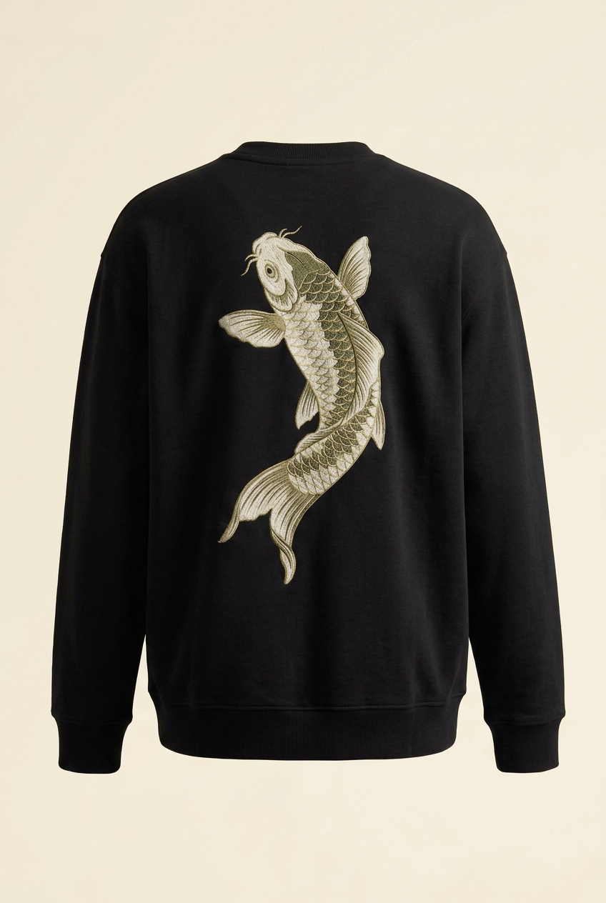 Black SANSEN crewneck back with embroidered koi carp — AI-generated concept