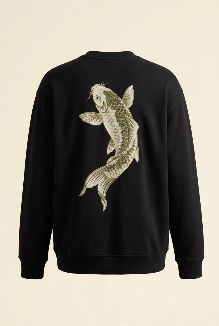 Black SANSEN crewneck back with embroidered koi carp — AI-generated concept