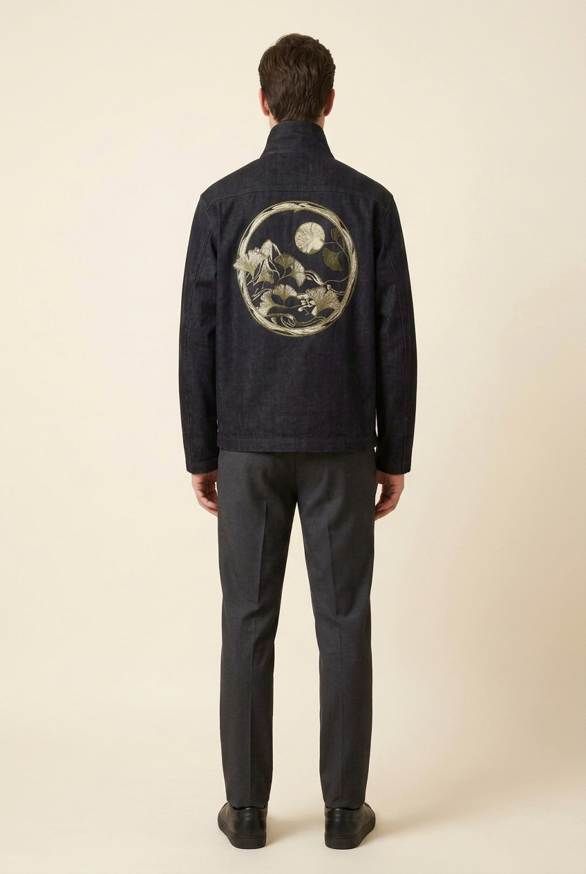 SANSEN jacket worn by model, back — AI-generated concept