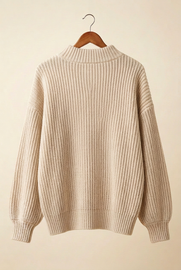 Soft Essentials oatmeal chunky rib sweater, back