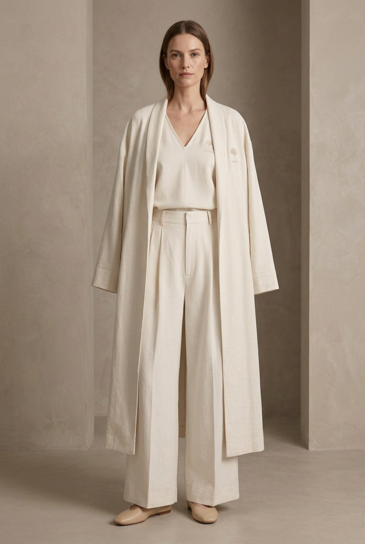 Model wearing the SANSEN ivory longline duster, V-neck blouse and wide-leg trousers