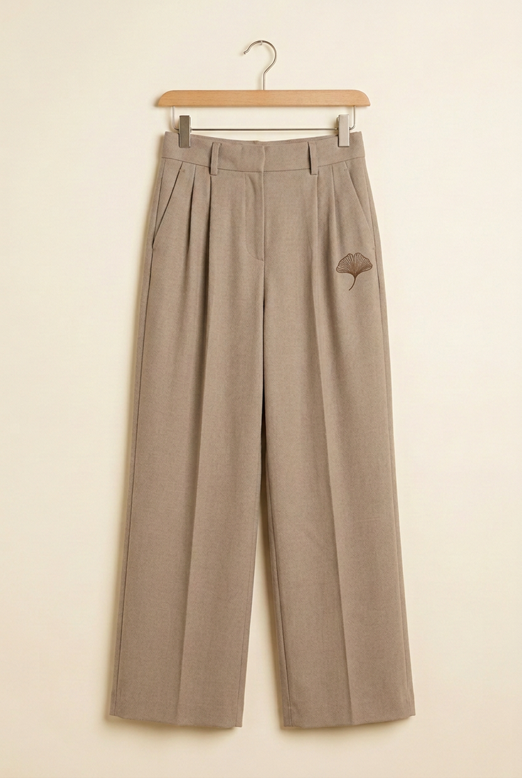 Layering Style taupe tailored wide trousers on hanger, front